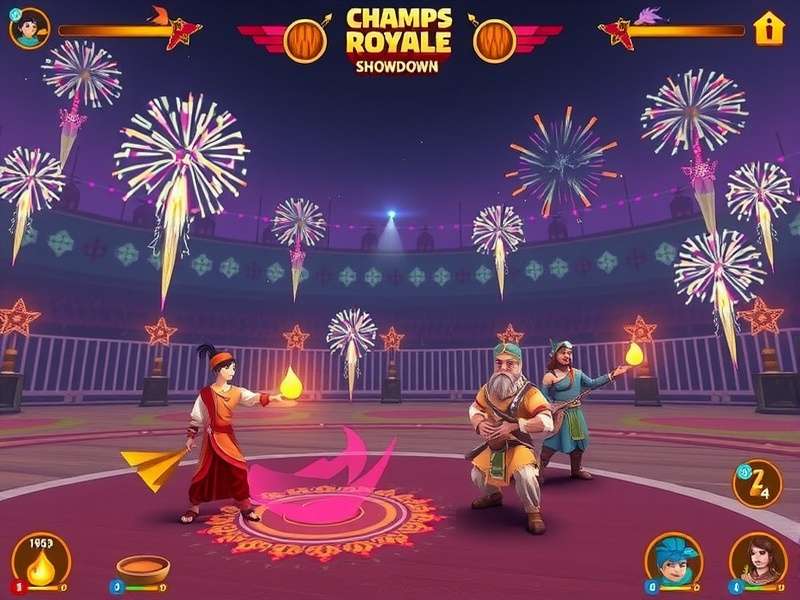 Champs Royale Indian Showdown gameplay screenshot showing players in traditional Indian attire battling in a colorful arena